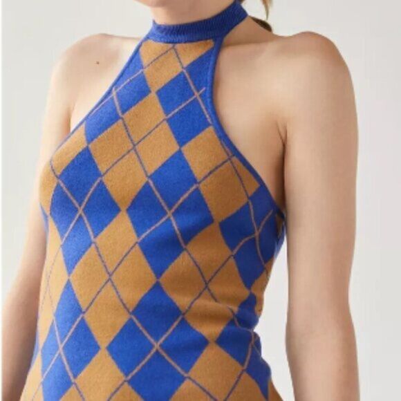UO Women's Sweater‎ Halter Bodycon Mini Dress Printed Knit Stretch Blue Medium - Picture 2 of 5